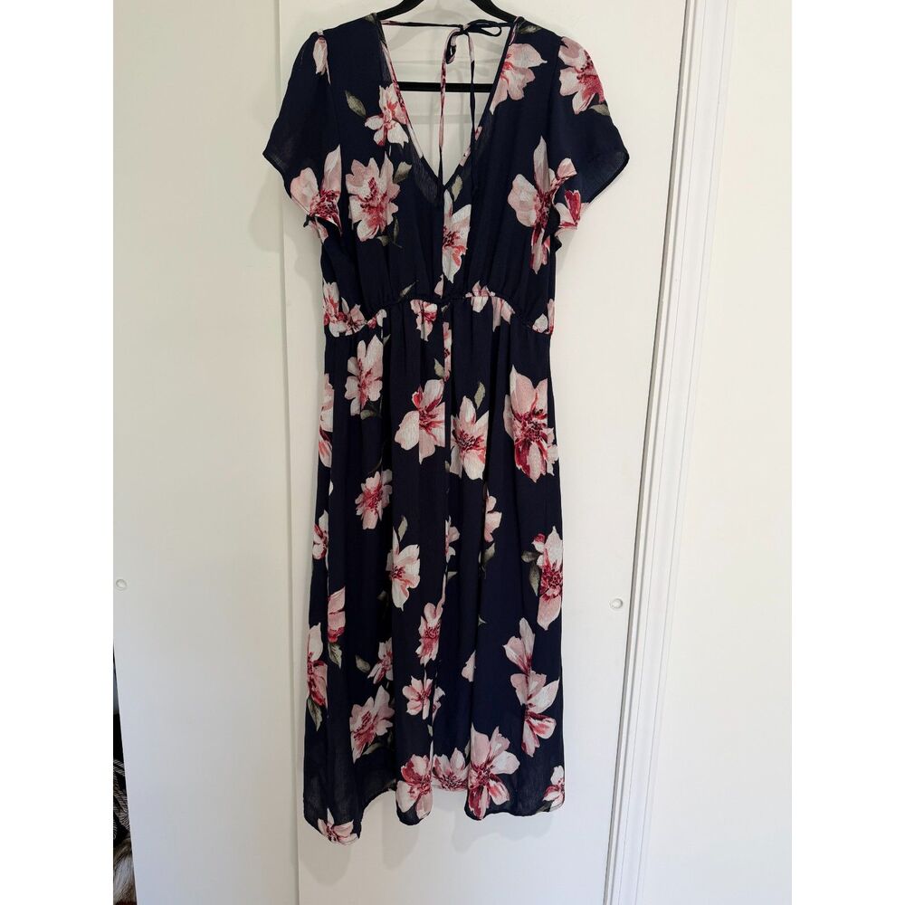 Maurices Navy Blue & Pink Floral Button Front Short Sleeve Romper Dress Size L